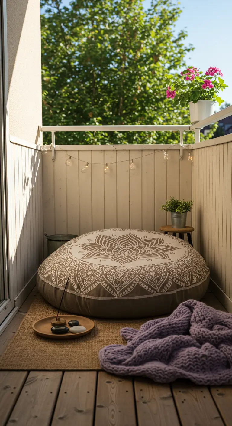 Balcón pequeño con un gran cojín de suelo con un mandala y una manta lila.