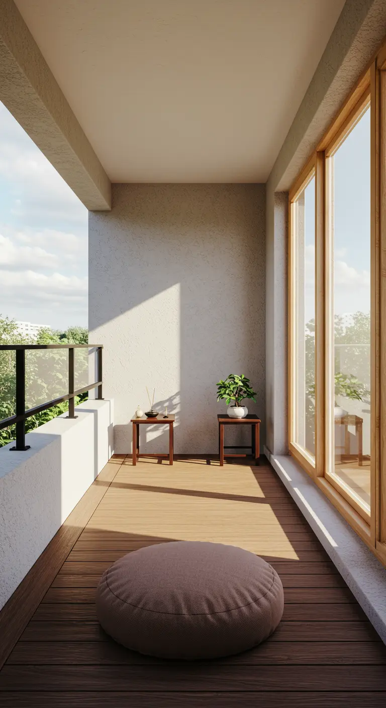 Balcón minimalista con un cojín de suelo y dos mesitas de madera con planta e incienso.