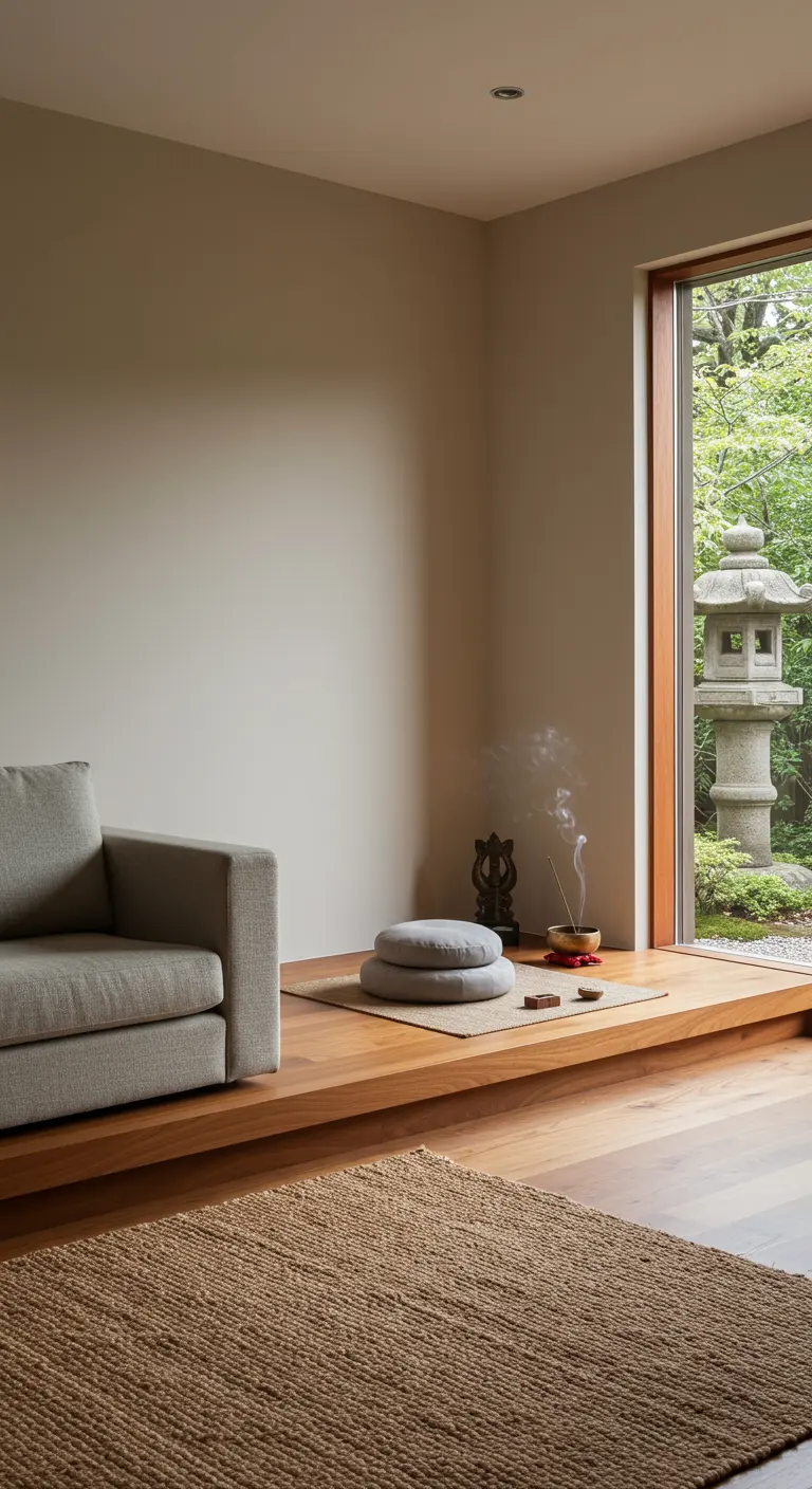 Rincón de meditación con tarima de madera, cojines zafu, incienso y vistas a un jardín.