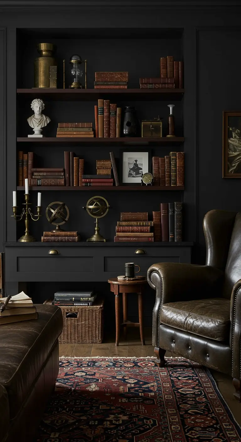 Estanterías oscuras en una sala de estar de ambiente íntimo con libros antiguos y objetos de colección.