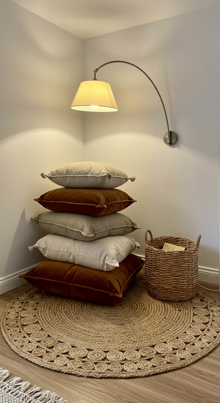 Rincón de lectura acogedor con una pila de cojines en tonos tierra sobre una alfombra redonda de yute.