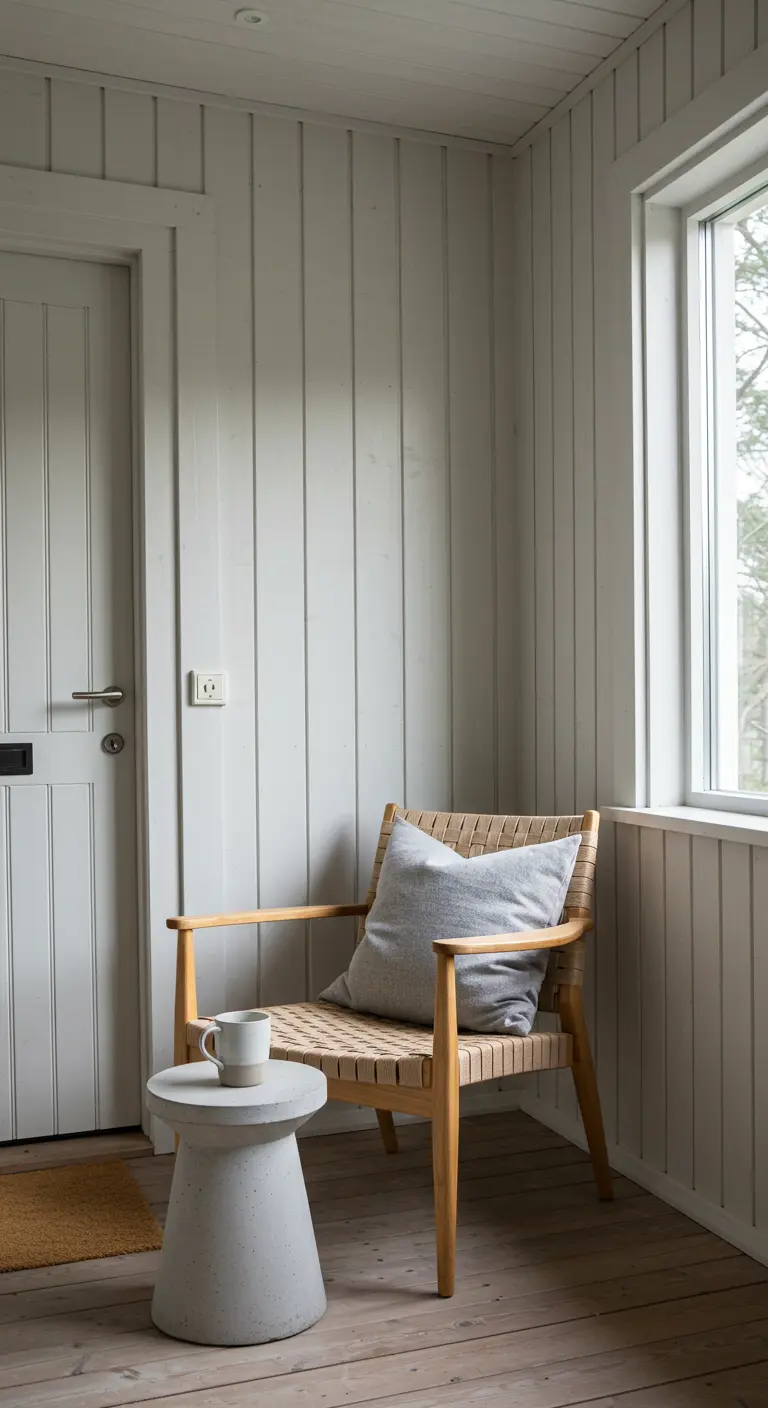 Rincón de porche cubierto con un sillón de madera, un cojín gris y una mesita de cemento.
