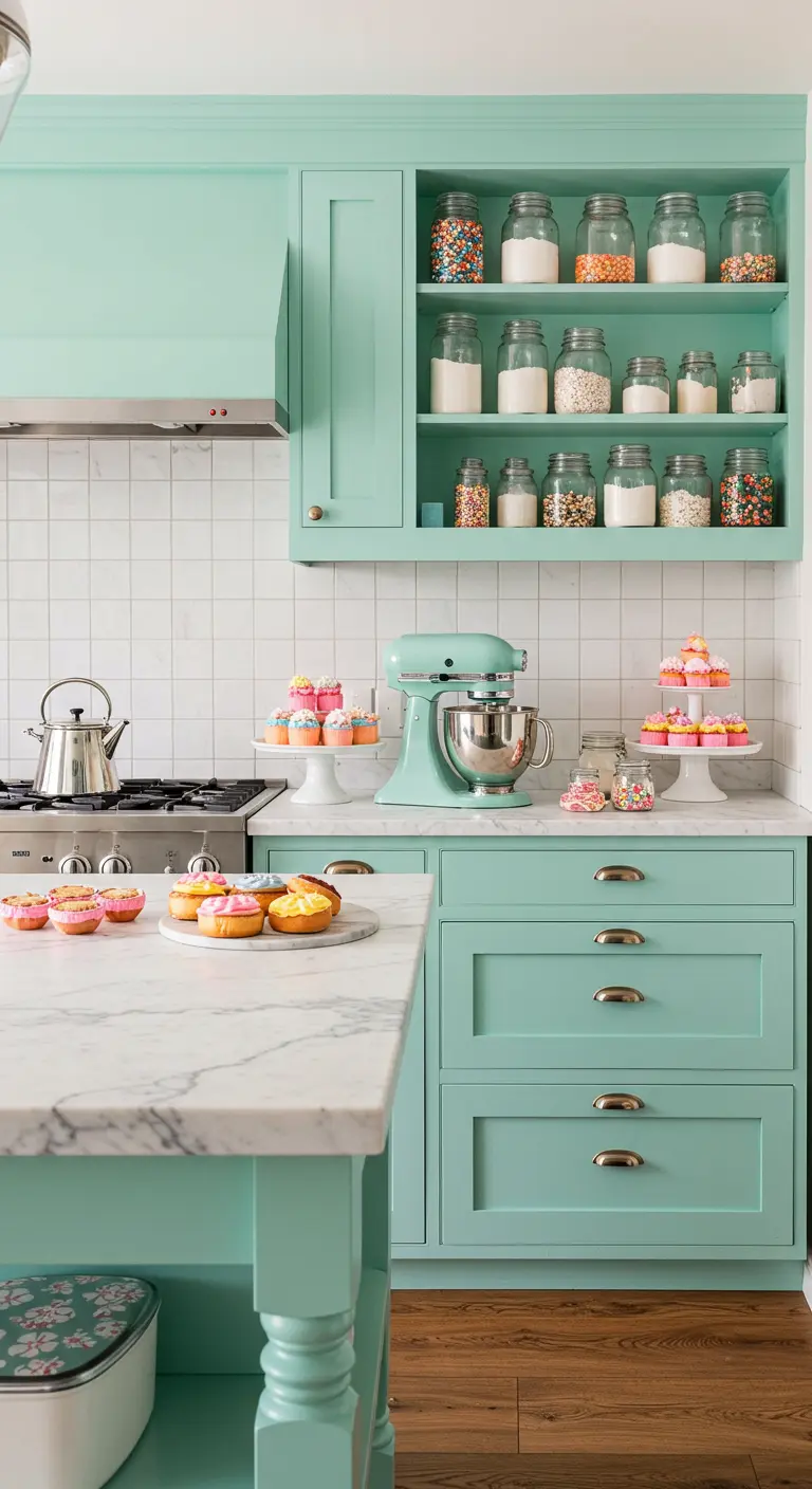 Rincón de repostería en cocina menta con botes de sprinkles y batidora a juego.