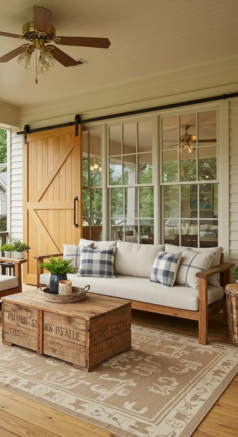 Porche acogedor con sofá de exterior, puerta de granero y una mesa de centro hecha con una caja de madera.