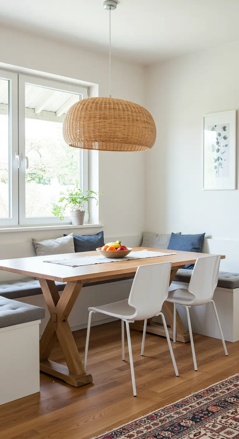 Rincón de comedor luminoso con banco, mesa de madera y lámpara de mimbre ovalada.