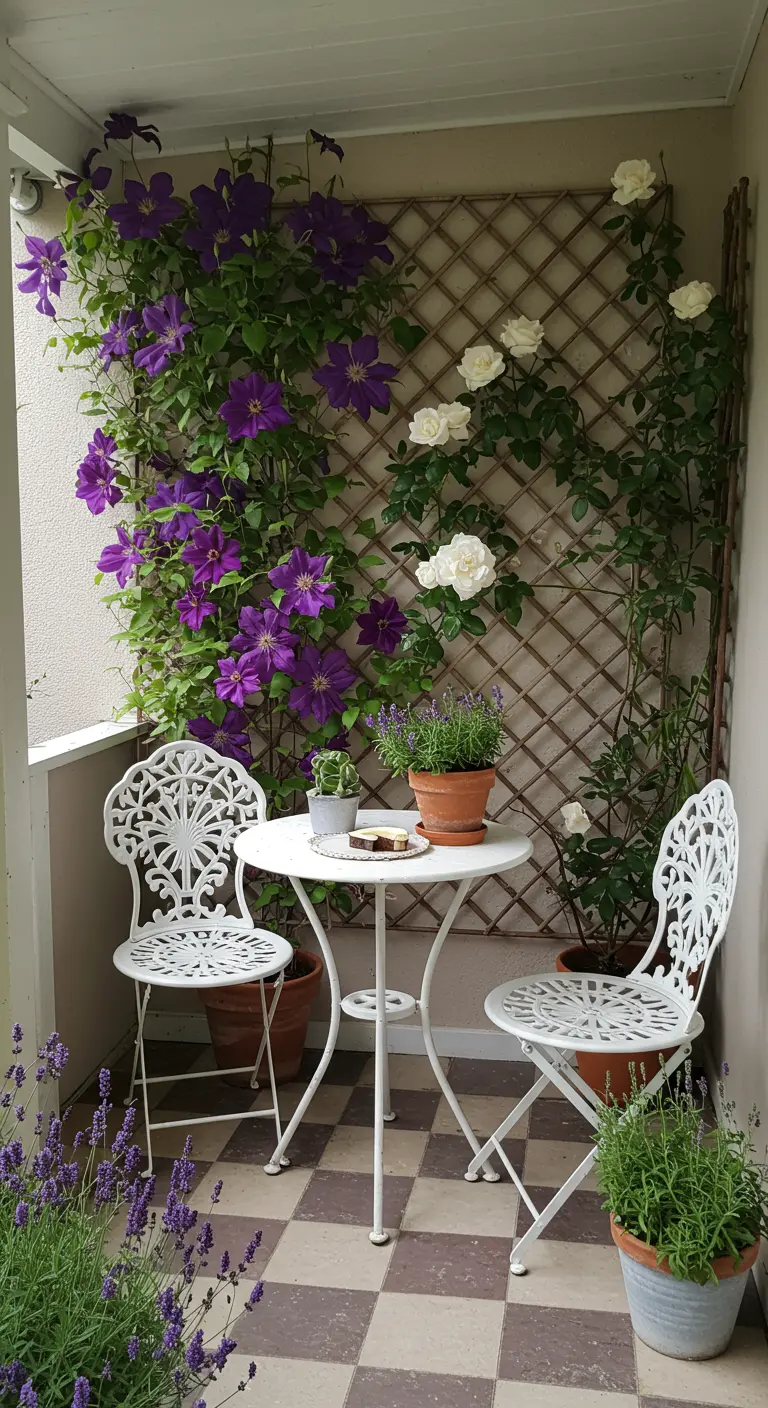 Pequeño balcón con enrejado, clemátide morada, rosas blancas y un juego de mesa y sillas de hierro.