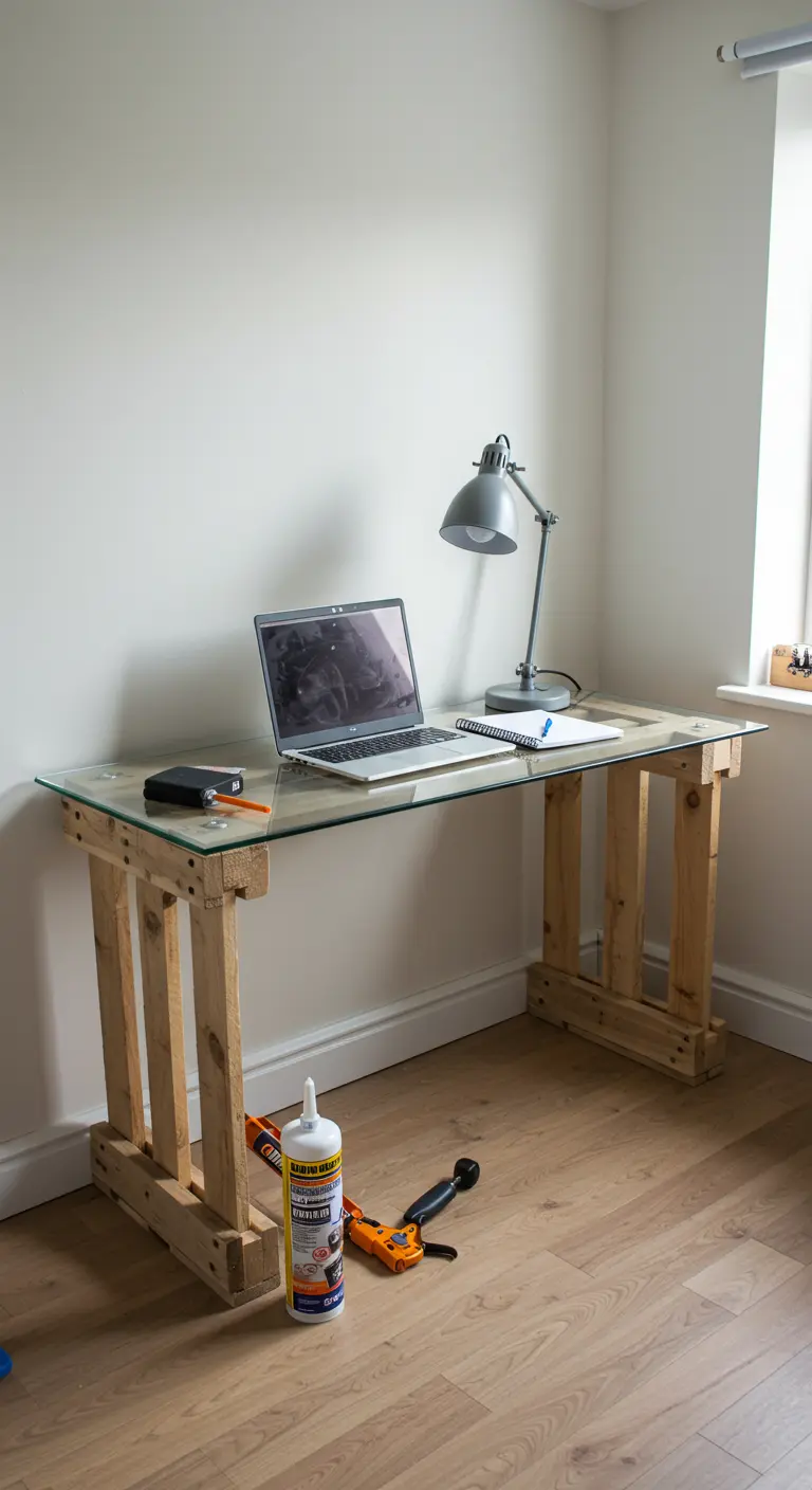 Escritorio con base de madera de pallet y una superficie de cristal transparente.