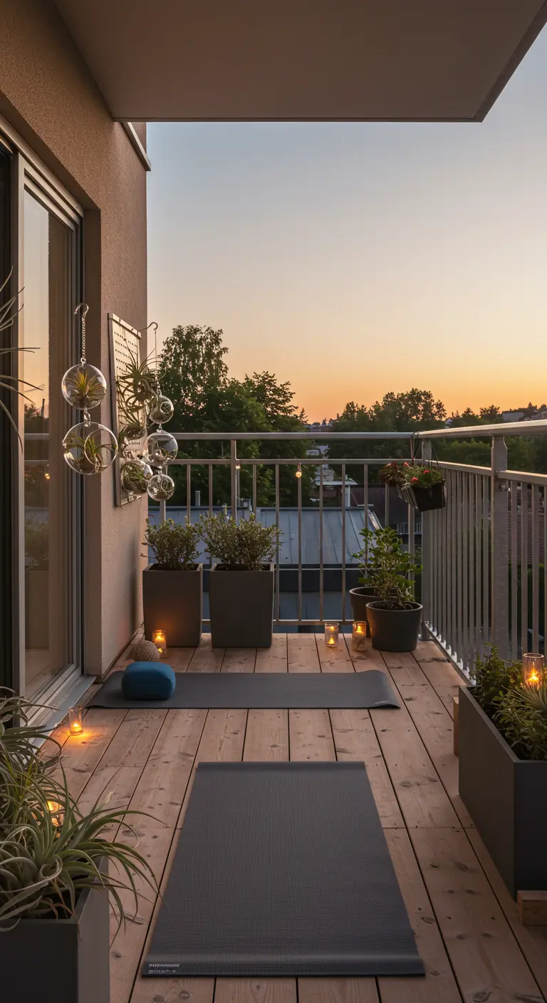 Balcón minimalista para yoga con suelo de madera, esterilla, velas en el suelo y jardineras modernas.