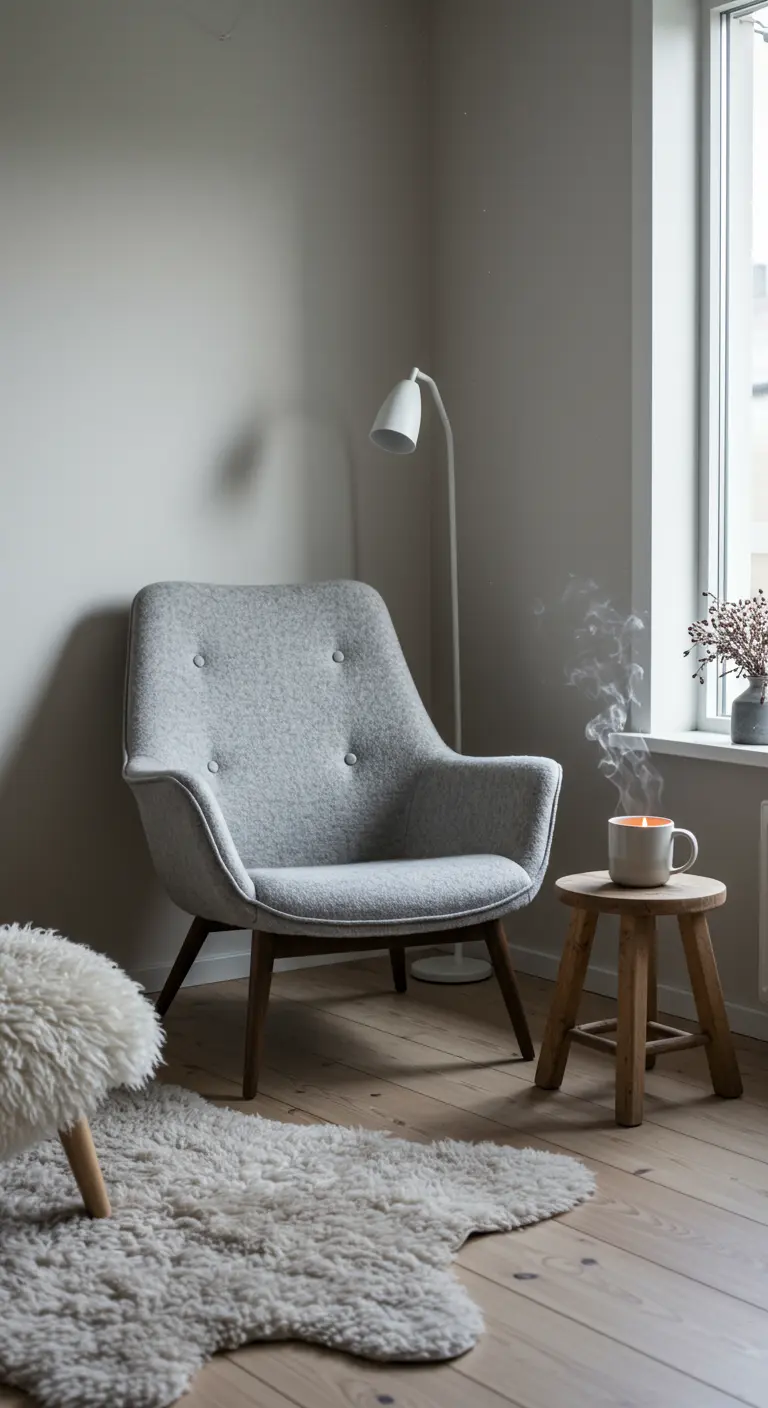 Butaca gris de estilo nórdico junto a una ventana, con alfombra de piel de oveja