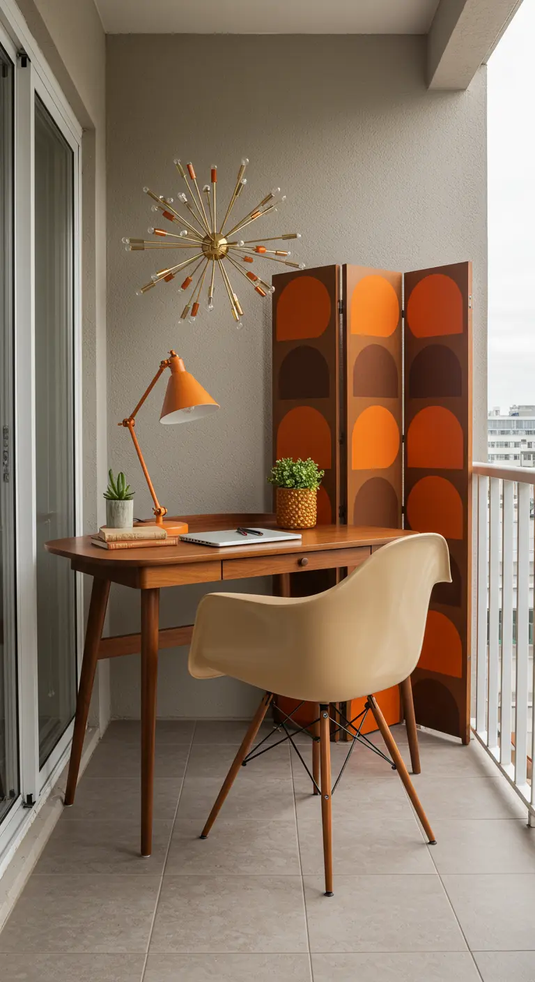 Oficina de estilo Mid-Century en un balcón, con escritorio de madera y biombo geométrico