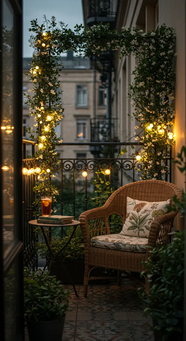 Balcón acogedor con sillón de mimbre, enredaderas y guirnaldas de luces cálidas.
