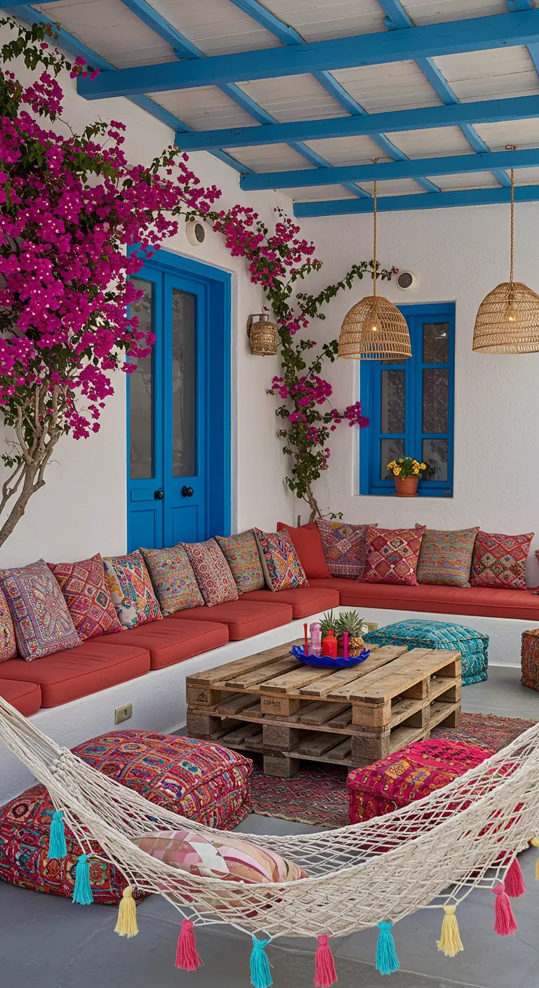 Patio de estilo mediterráneo con buganvillas, una mesa de palets y muchos cojines de colores