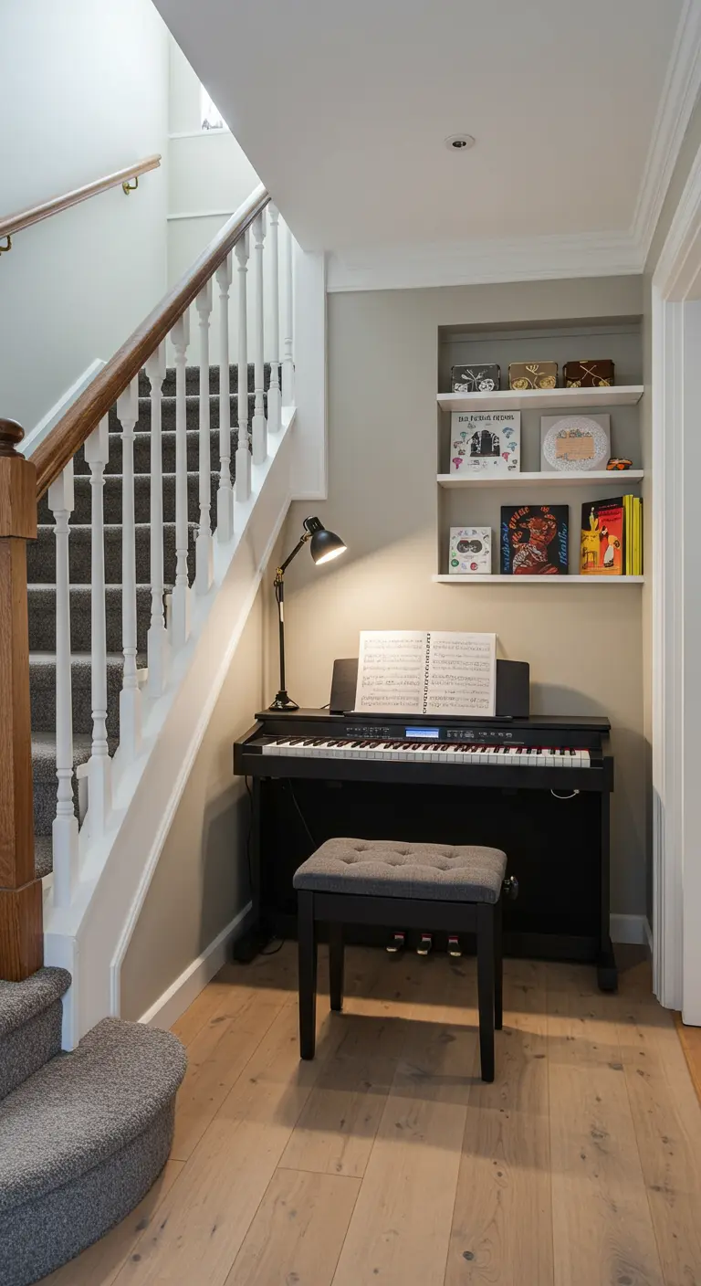 Pequeño rincón de música con un piano digital negro bajo la escalera