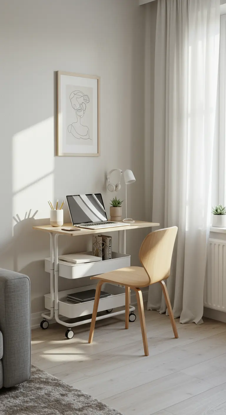Oficina móvil minimalista con carrito blanco, silla de madera y un cuadro de arte lineal