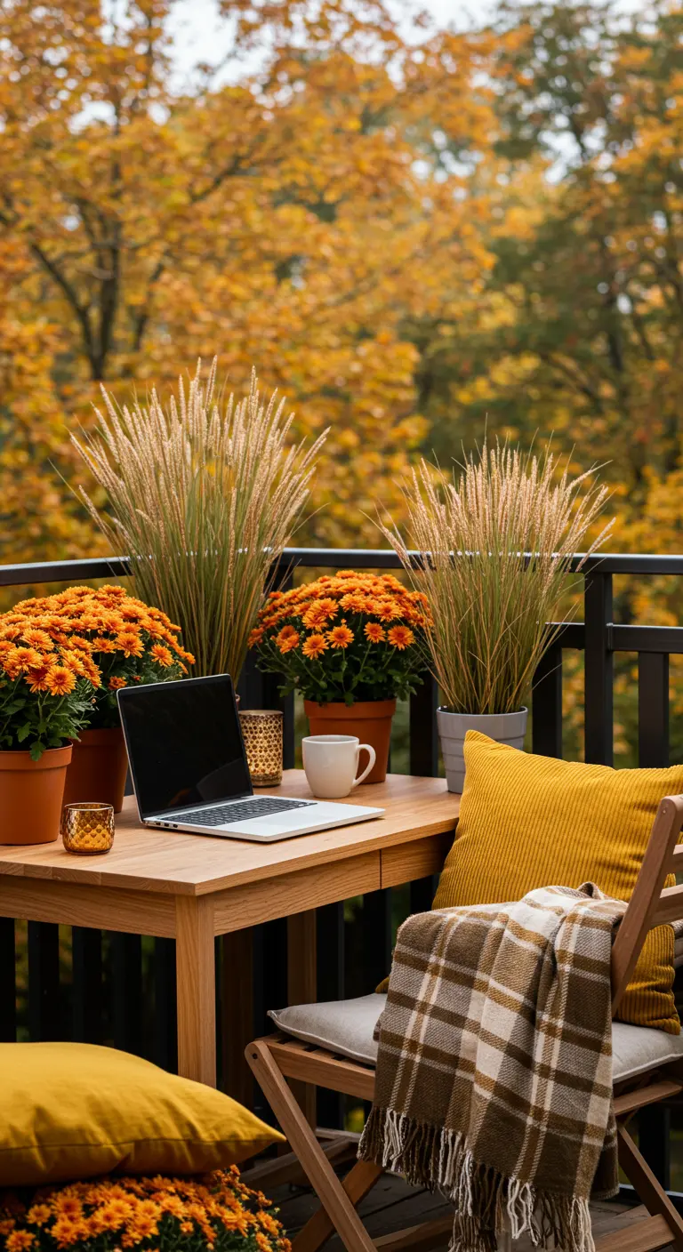 Balcón decorado para el otoño con flores naranjas, manta de cuadros y cojines cálidos.