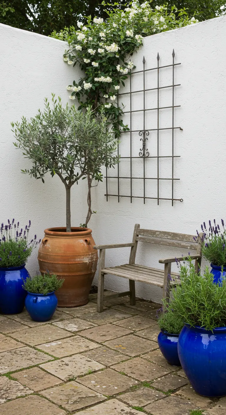 Rincón de patio con un olivo en maceta de terracota, lavanda en macetas azules y un banco de madera