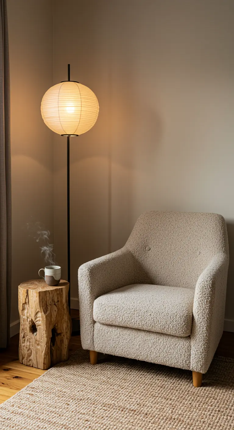 Rincón de lectura wabi-sabi con sillón de bouclé y mesa auxiliar de tronco.