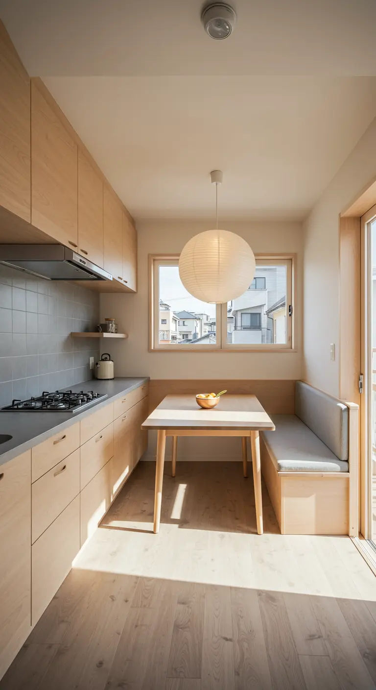 Pequeña cocina japonesa con rincón de comedor, banco de madera y lámpara de papel