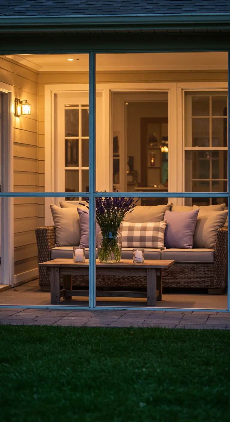 Porche acristalado con un sofá de mimbre decorado con cojines en tonos lavanda y neutros.