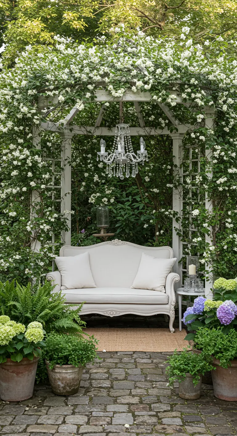 Pérgola blanca cubierta de flores con un sofá de estilo clásico y una lámpara de araña de cristal