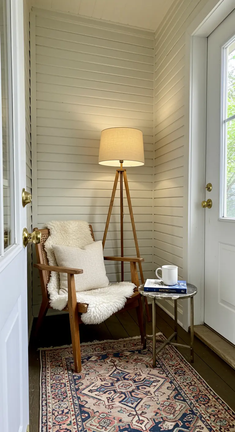 Pequeño porche convertido en un rincón de lectura con una silla de madera, manta de pelo y lámpara de pie.