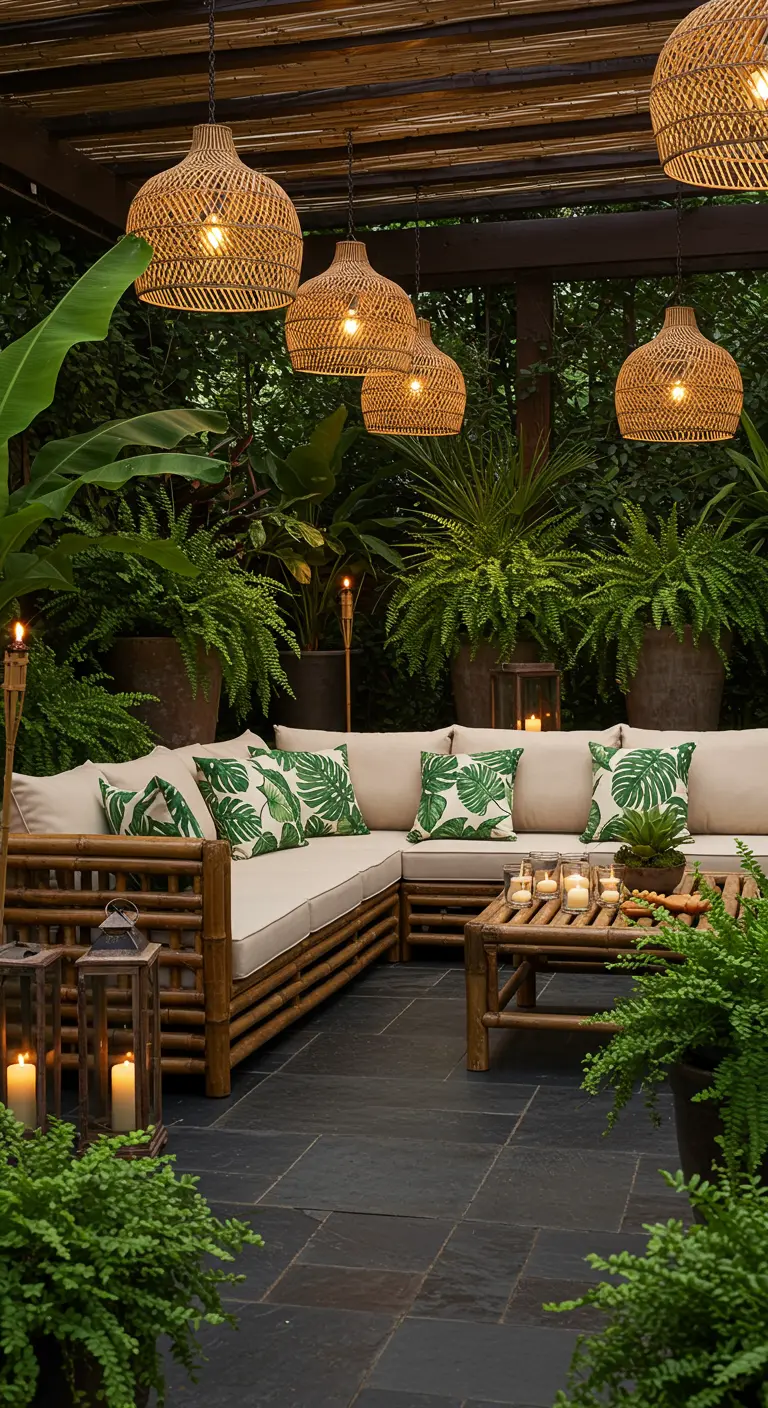 Zona chill-out rodeada de vegetación exuberante, con sofá de bambú y lámparas de mimbre
