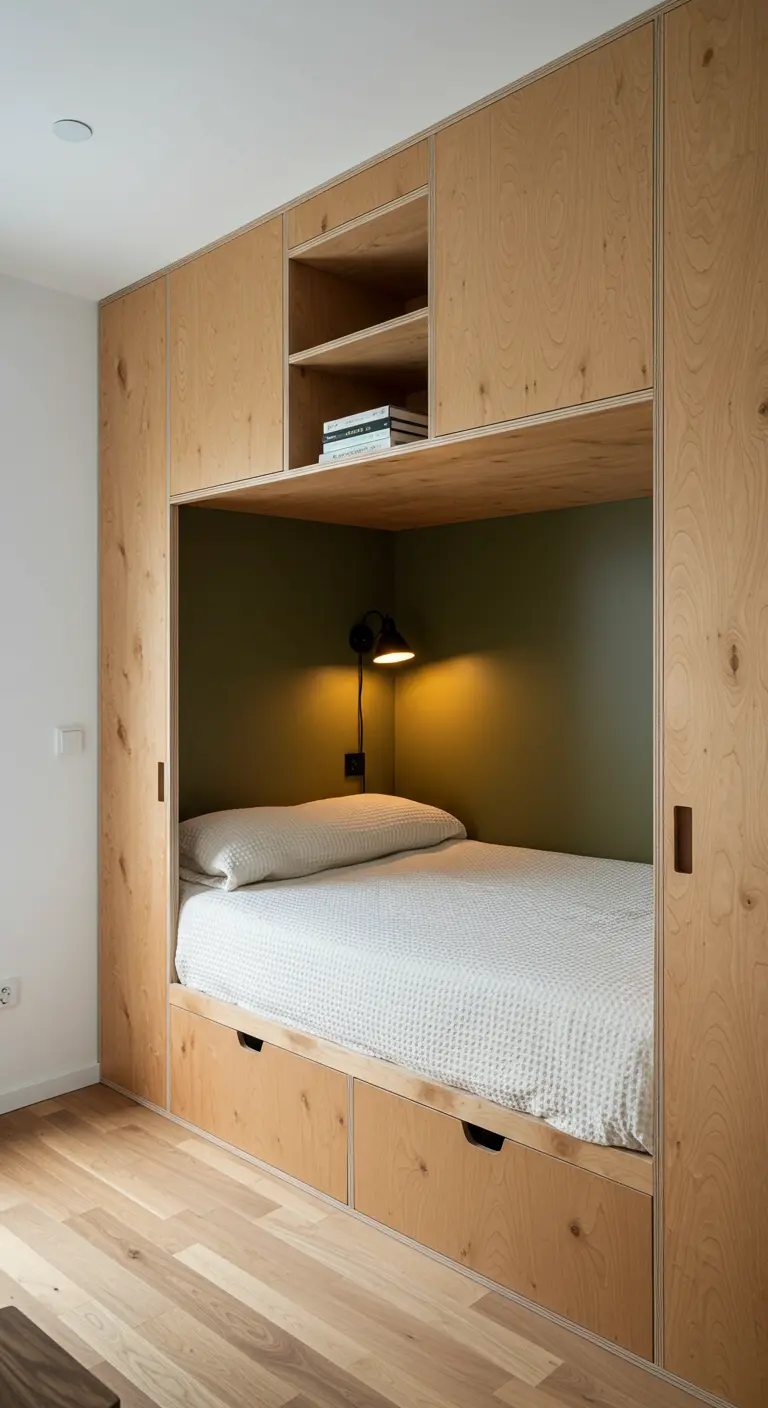 Cama empotrada en un nicho de madera con cajones de almacenaje y estantes.