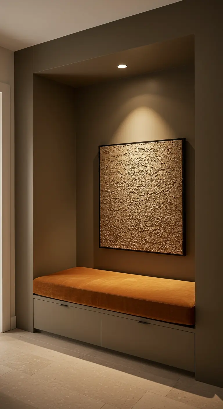 Nicho con banco empotrado, cojín de terciopelo y obra de arte con textura