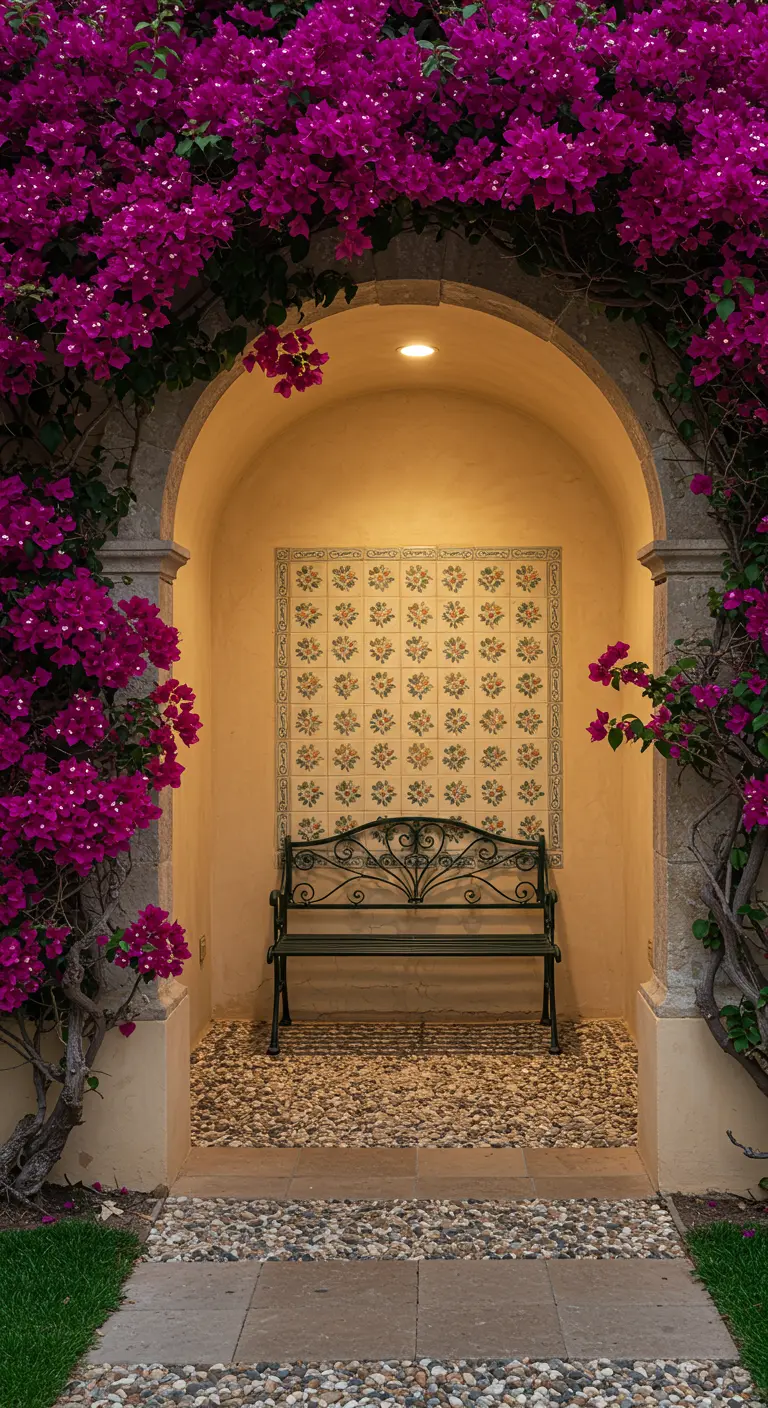 Banco de forja en un nicho de pared, con un panel de azulejos florales al fondo y enmarcado por buganvillas.