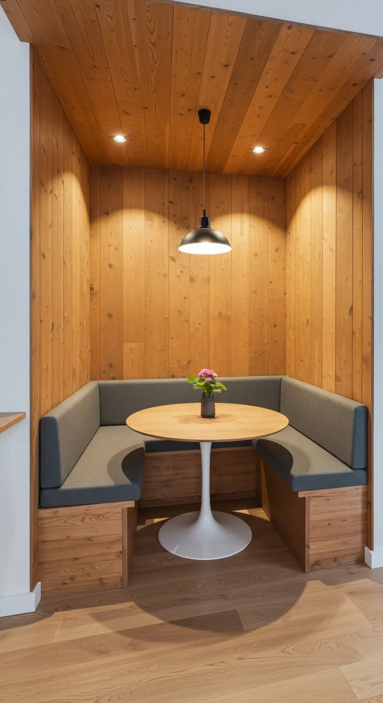 Pequeño comedor tipo cabina con paredes y techo de madera y un banco tapizado
