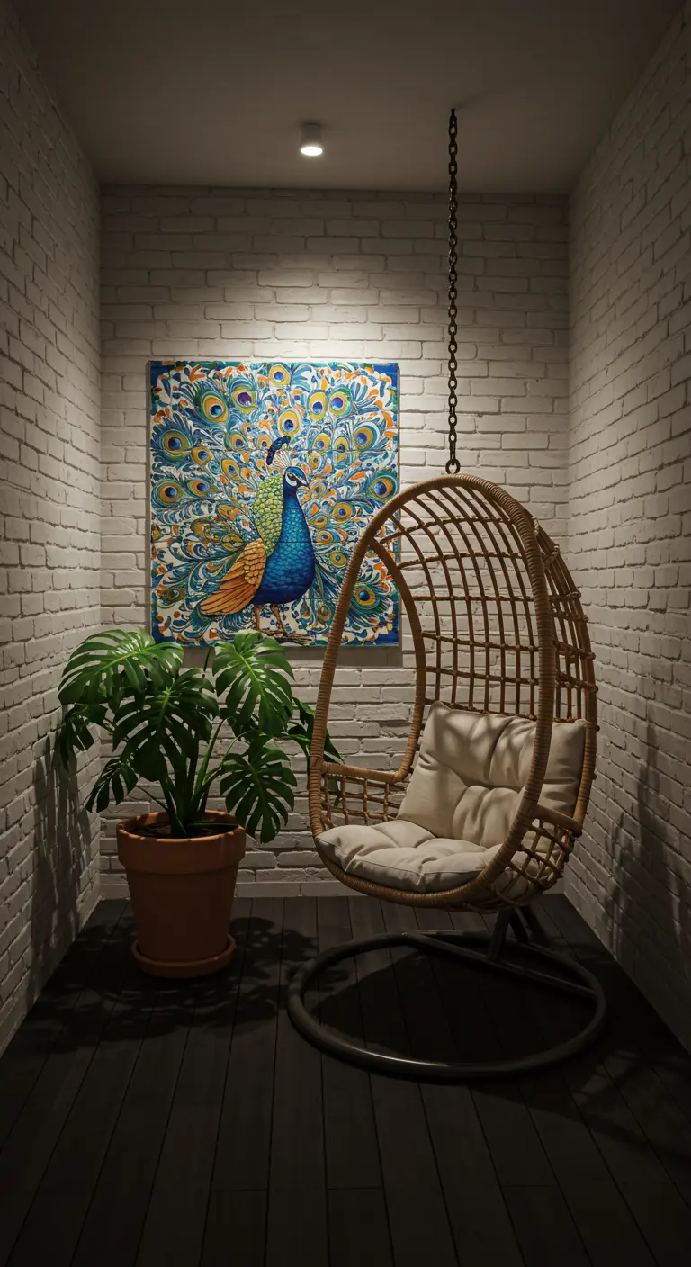 Esquina de patio con pared de ladrillo blanco, silla colgante de mimbre y un cuadro de un pavo real.
