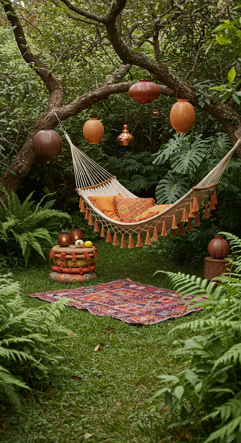 Rincón de jardín con hamaca de macramé, cojines naranjas y farolillos colgando de un árbol.
