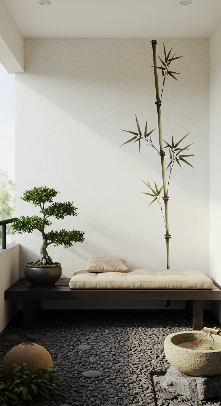 Balcón minimalista con un banco de madera, un bonsái y una caña de bambú.