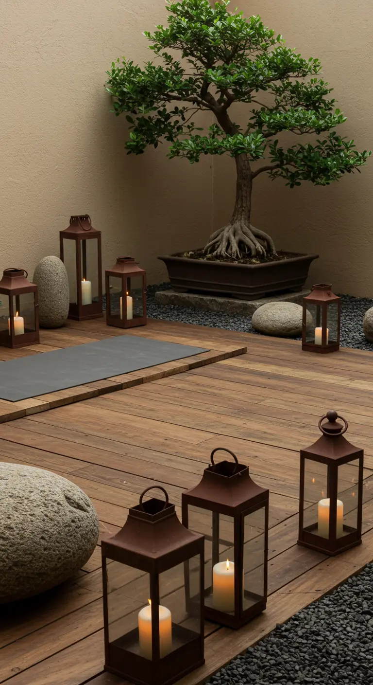 Espacio de meditación zen con tarima de madera, piedras, un bonsái y faroles de hierro con velas
