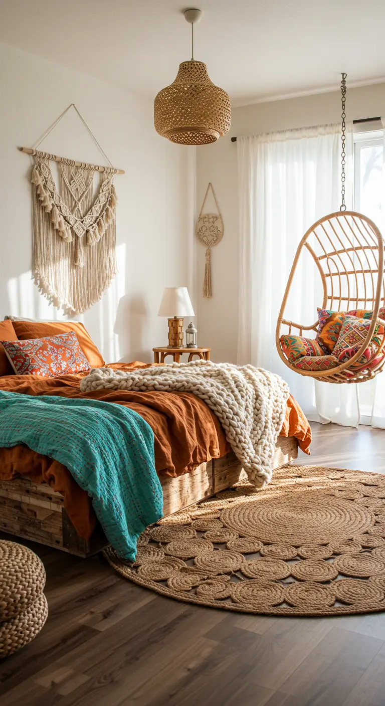 Dormitorio bohemio con cama de madera, tapiz de macramé y silla colgante de ratán