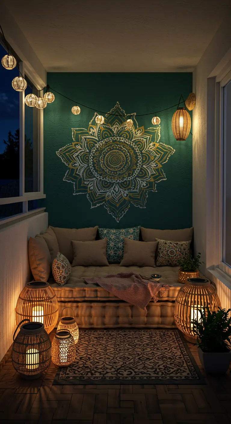 Balcón bohemio con un gran mandala pintado en la pared, un sofá bajo y farolillos de bambú