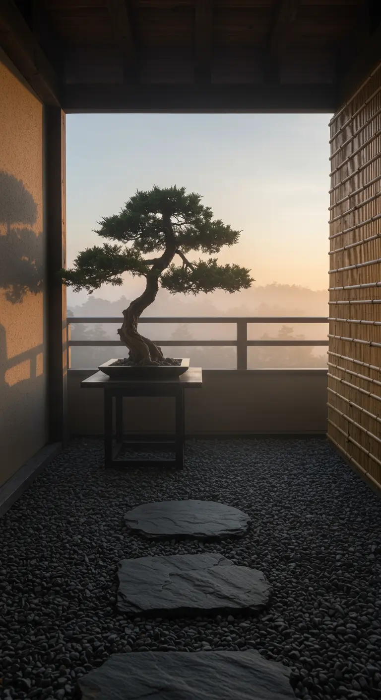 Balcón japonés minimalista con un bonsái, suelo de grava oscura y losas de piedra.