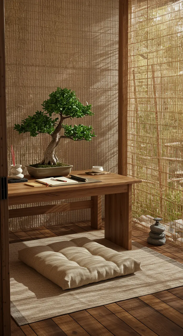 Espacio de trabajo zen con mesa baja, cojín de suelo y un bonsái.