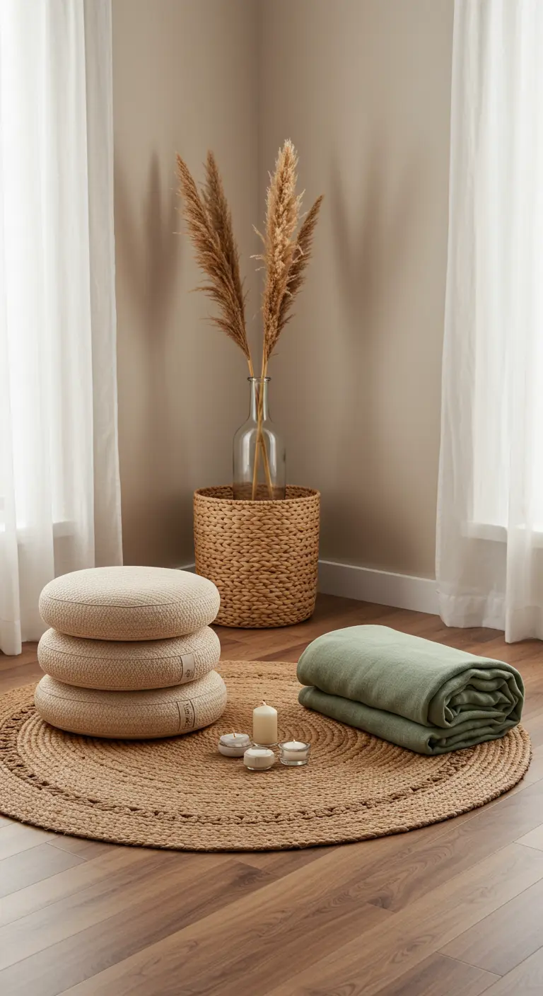 Rincón de meditación con alfombra de yute, cojines y manta verde doblada.