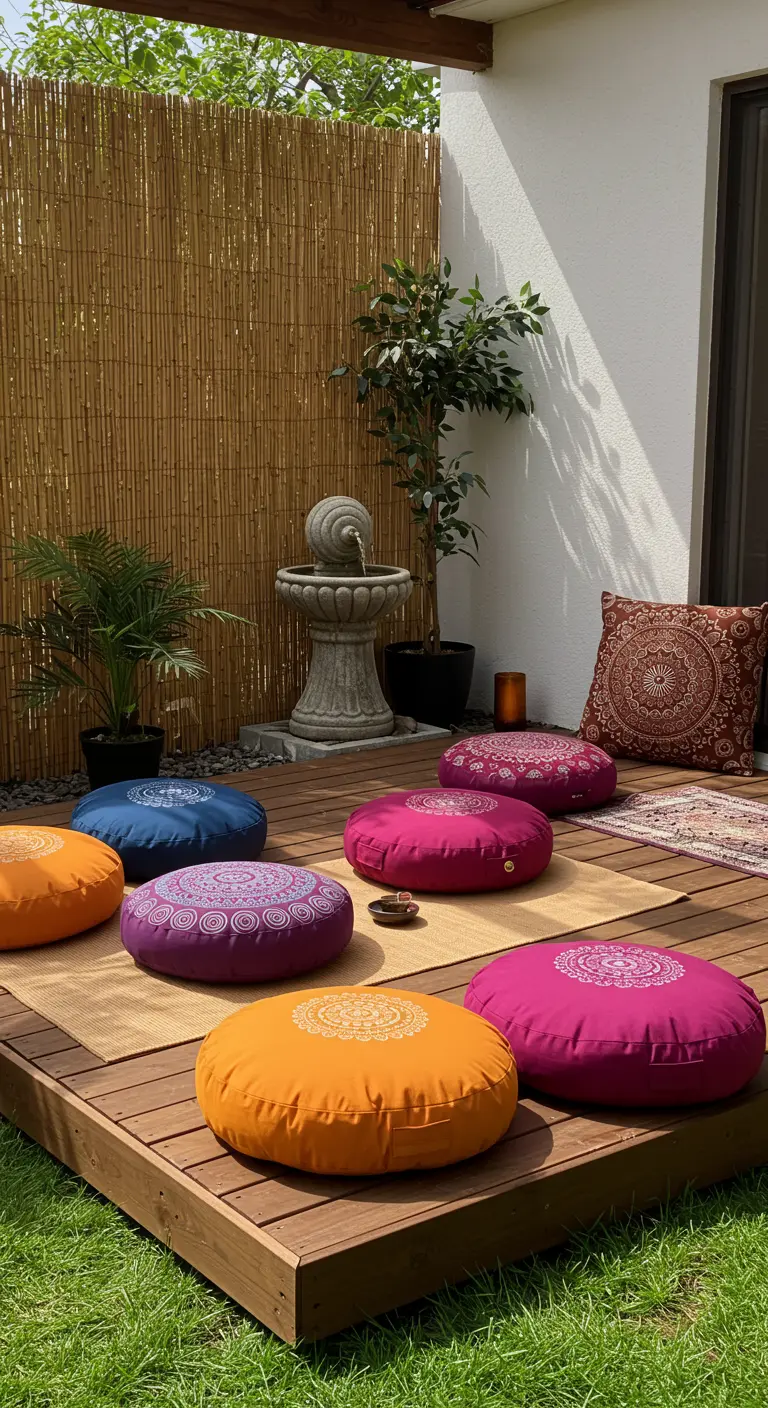 Espacio de meditación en tarima de madera con cojines de suelo de colores y una pequeña fuente.