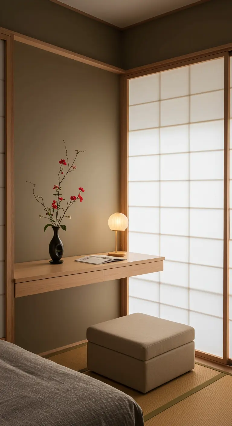 Escritorio minimalista de madera clara frente a una puerta corredera de estilo japonés shoji.