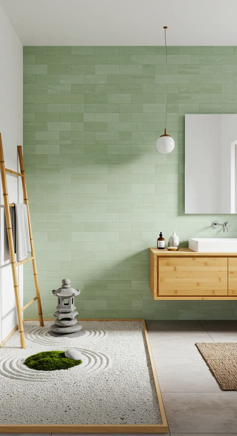 Baño de estilo zen con pared de azulejos verde salvia y un pequeño jardín seco.