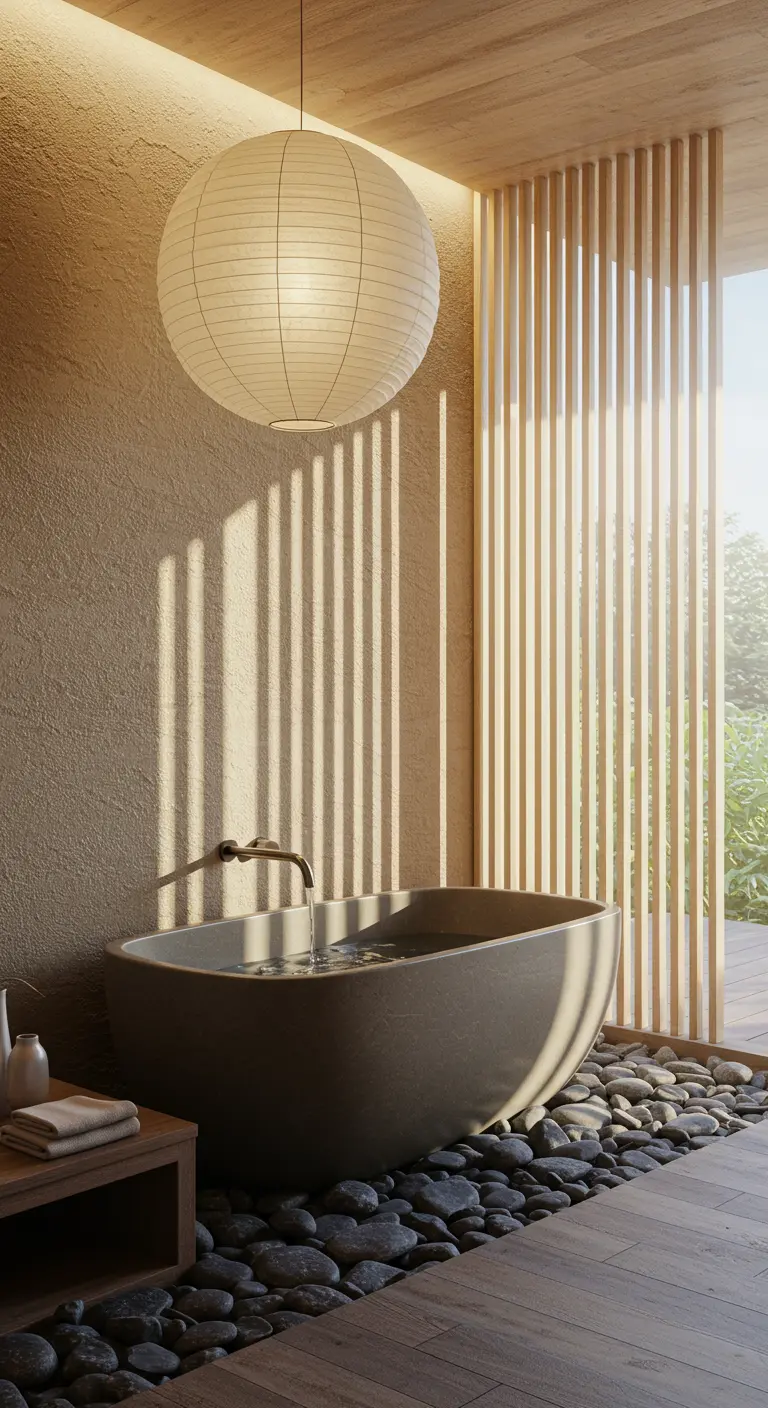 Bañera de piedra rodeada de cantos rodados, con una lámpara de papel y listones de madera