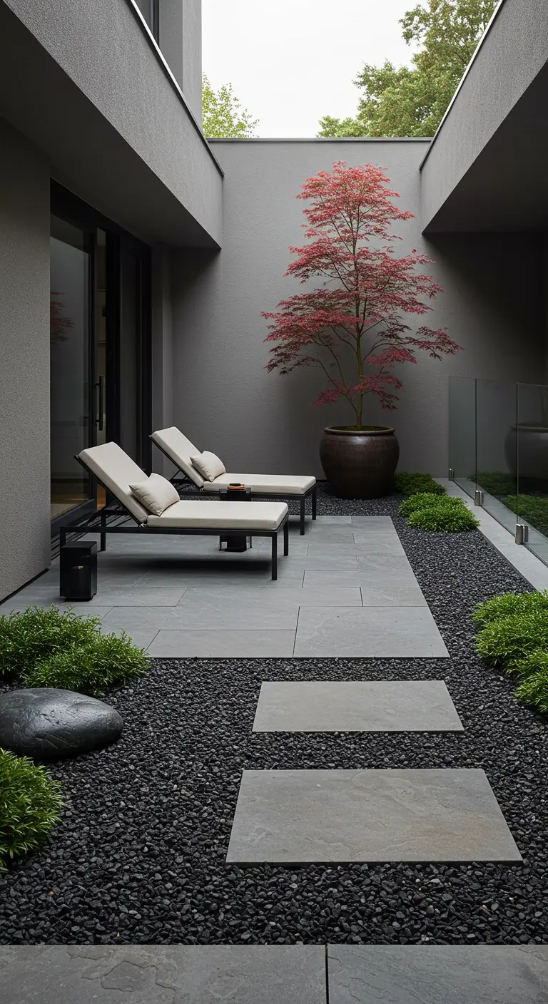 Patio minimalista con suelo de pizarra, grava negra, un arce japonés y tumbonas modernas