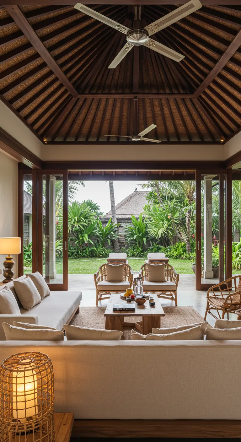Sala de estar de estilo balinés abierta a un jardín tropical con muebles de ratán y tonos neutros.