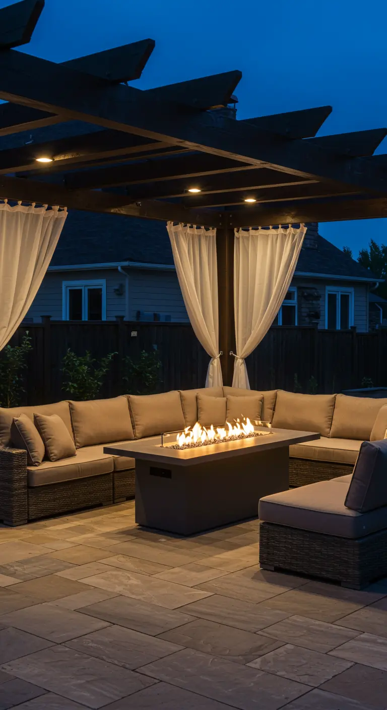 Pérgola con sofá seccional, cortinas blancas y una mesa de fuego central en un patio de baldosas.