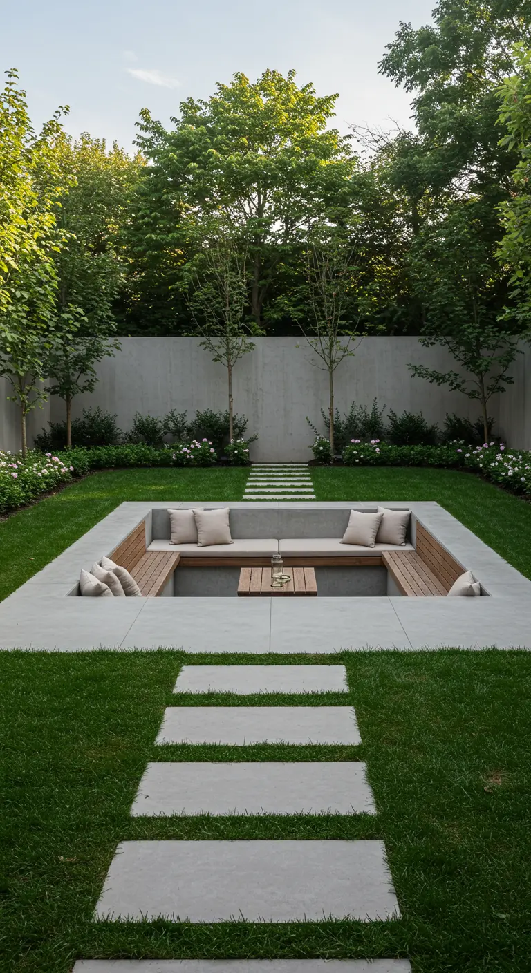 Zona de asientos hundida en el jardín, con bancos de madera y cojines beige, rodeada de césped.