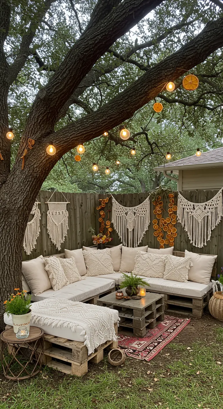 Zona chill out en el jardín con sofás de palets, cojines crudos, macramé y luces.