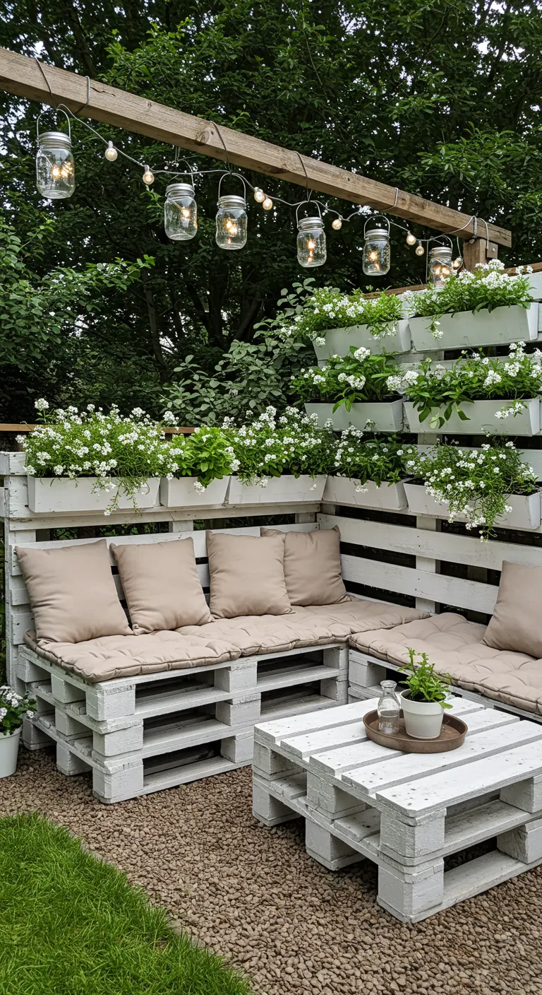 Zona de descanso hecha con palets blancos, cojines beige, y luces en tarros de cristal colgantes.