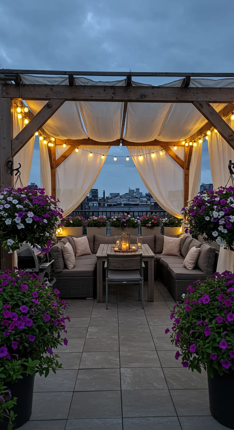 Terraza con pérgola de madera, cortinas blancas, sofás cómodos y flores moradas colgantes.